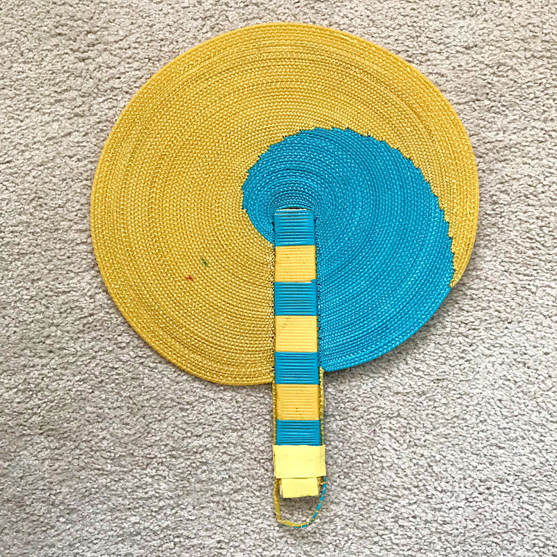 African woven hand fan from recycled plastics - Aqua / yellow - Afrilege