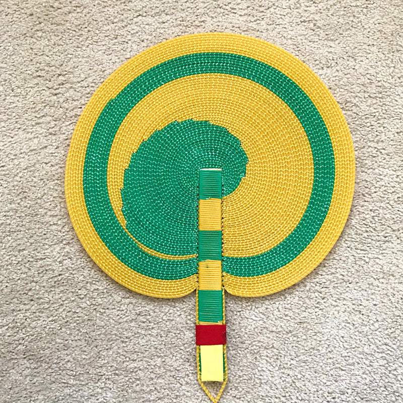 African woven hand fan from recycled plastics - Green / yellow - Afrilege